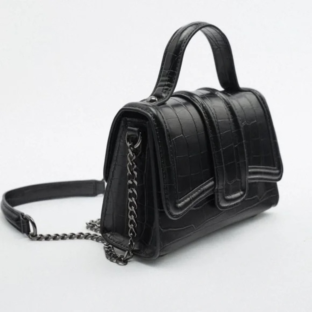 Zara Black Croc-Embossed Crossbody Bag